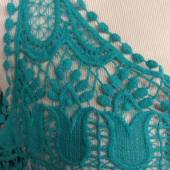 Turquoise Butterfly Crop Lace Crochet Cobweb Knit Tank Top Dark Aqua Weave - Picture 2 of 8